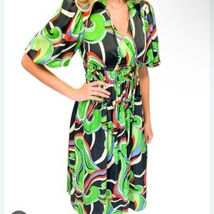 NWT Alden Adair Green and Black Puff Sleeve Midi Dress- size Small